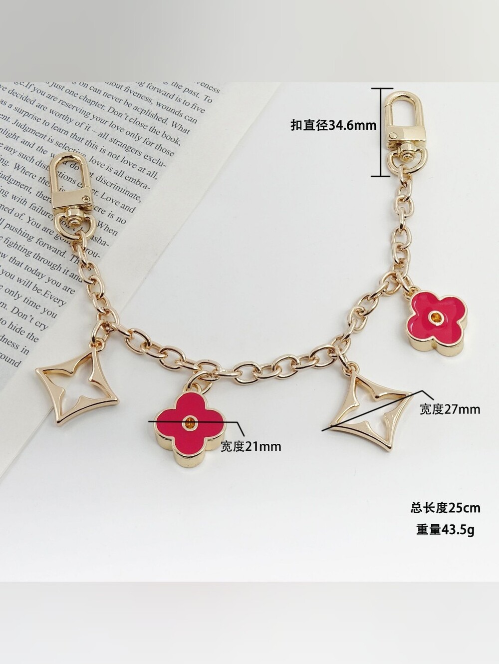 Gold Chain Charm Bracelet/bag charms with Red Flower Charms